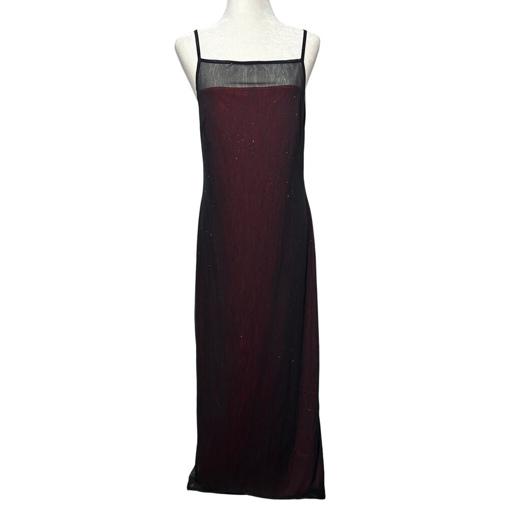 VTG Y2K Glitter Mesh Overlay Maxi Dress Size L Red Black Whimsigoth Fairy Grunge